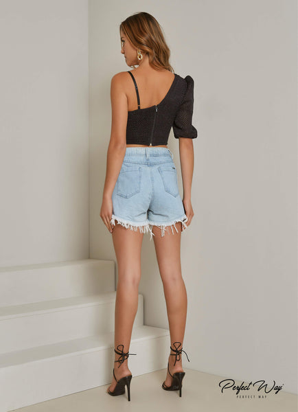 Blue Denim Shorts with Eyelets & Chain