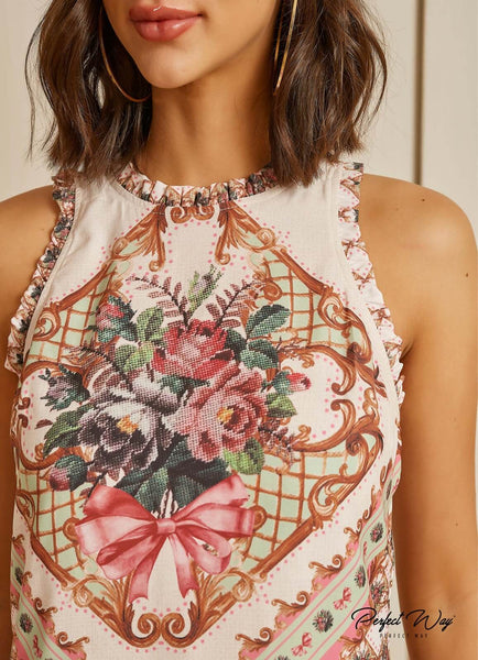 Off-White & Brown Print Short Dress with Belt