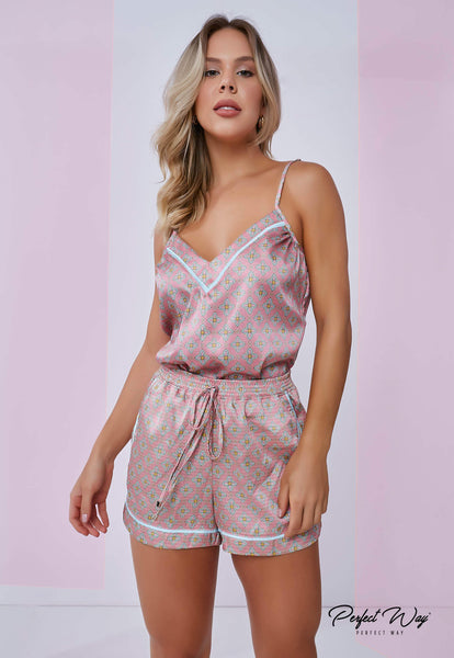 Pink Print Tank Top, Blazer & Shorts Set