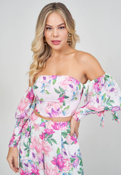 Off-White & Pink Off-Shoulder Cropped Top & Wide-Leg Pants Set