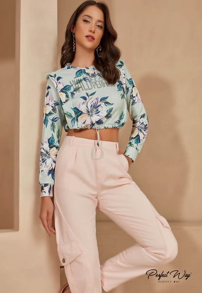 Green & Blue Cropped Sweatshirt Blouse with Adjuster