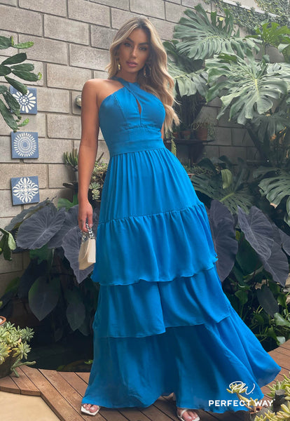Blue Wrap Dress with Ruffles