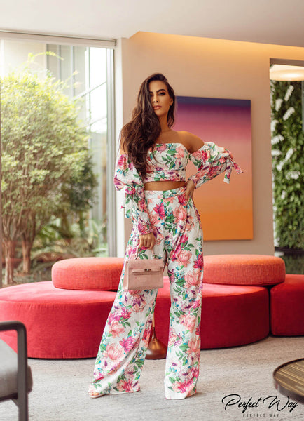 Off-White & Pink Off-Shoulder Cropped Top & Wide-Leg Pants Set