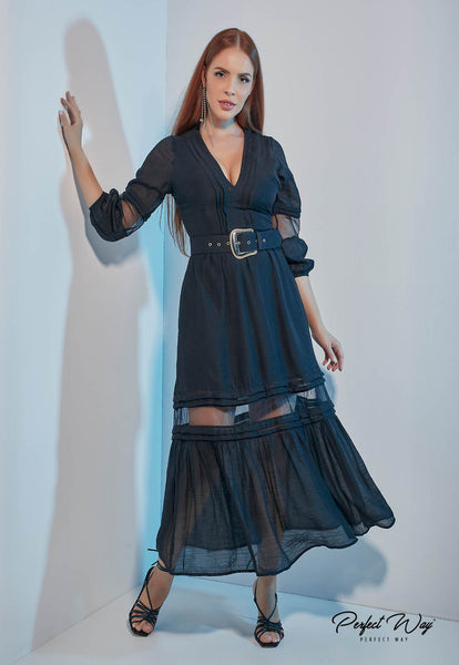Black Chantilly Lace & Tulle Midi Dress with Belt