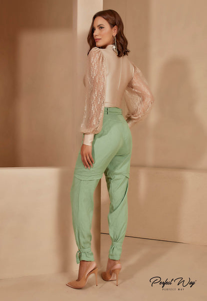 Beige Plain Bodysuit with Lace Sleeves