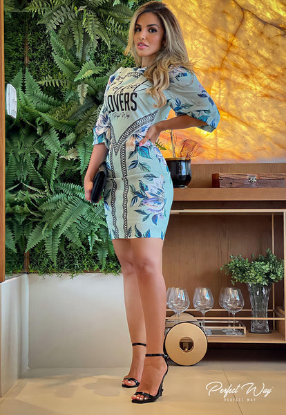 Green & Blue Print Midi Dress