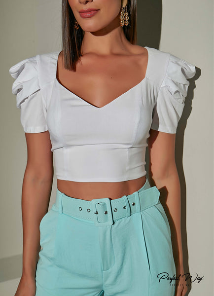 White Puff Sleeve Cropped Top