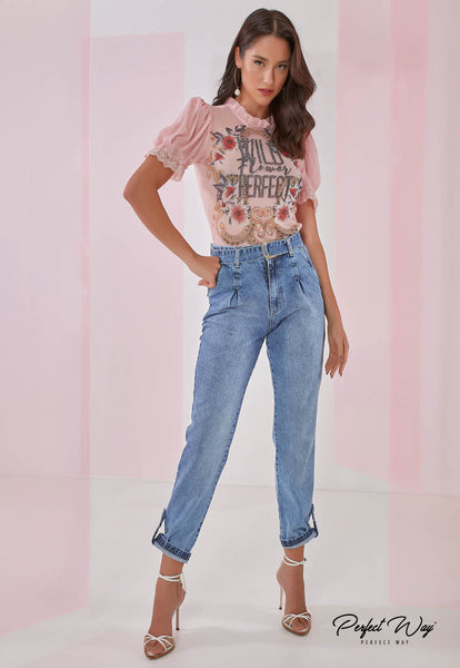 Pink Print T-Shirt with Heat-Applied Detail