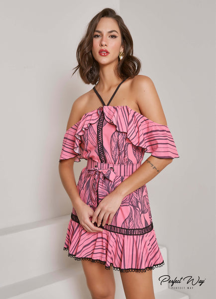 Pink & Black Print Loose Dress with Belt