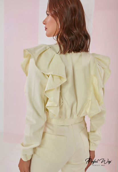 Yellow Cropped Twill Jacket with Buttons