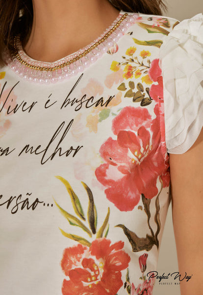 Off-White Print Cropped T-Shirt with Embroidery