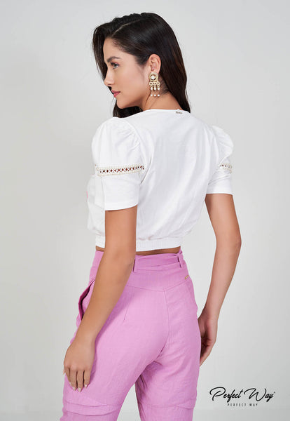 Off-White Print T-Shirt with Hand Embroidery