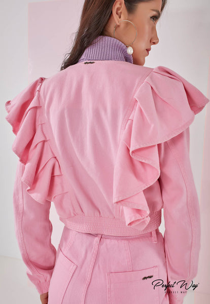 Pink Cropped Twill Jacket with Buttons