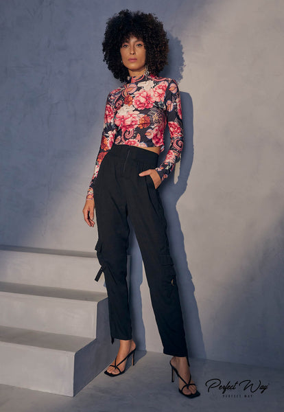 Black Straight-Cut Tailored Pants with Details