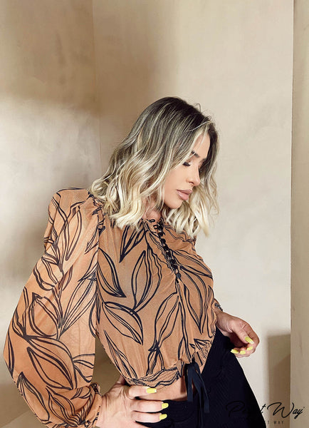 Brown & Black Print Blouse with Button Detail