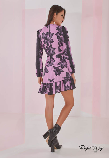 Purple & Black Print Short Dress with Belt