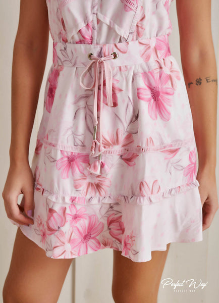 Pink Print Loose Dress with Belt