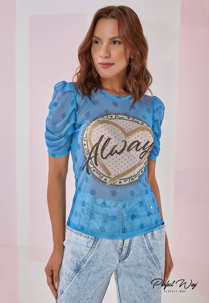 Blue Print T-Shirt with Trims & Heat Detail