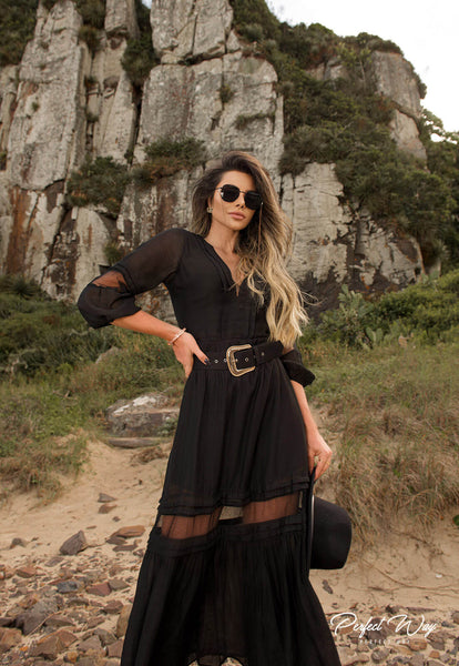 Black Chantilly Lace & Tulle Midi Dress with Belt