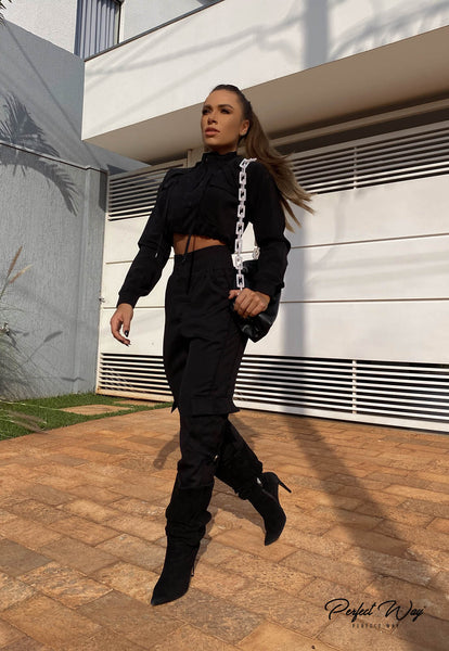 Black Straight-Cut Tailored Pants with Details