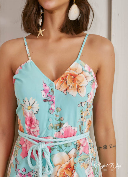 Green & Pink Loose Floral Print Dress with Belt