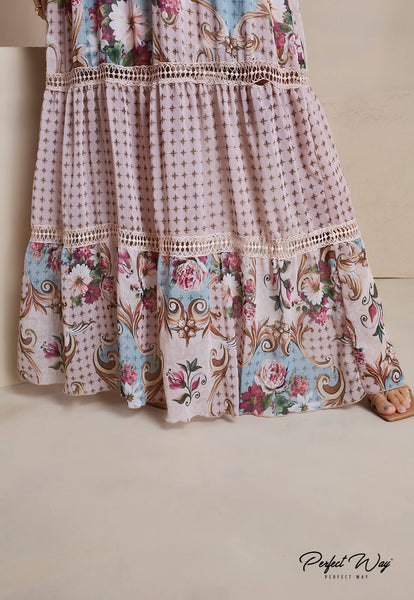 Nude & Green Print Long Dress