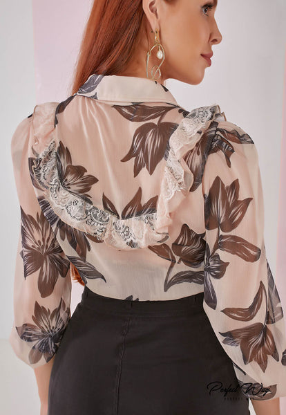 Nude & Black Shirt with Ruffles & Trims