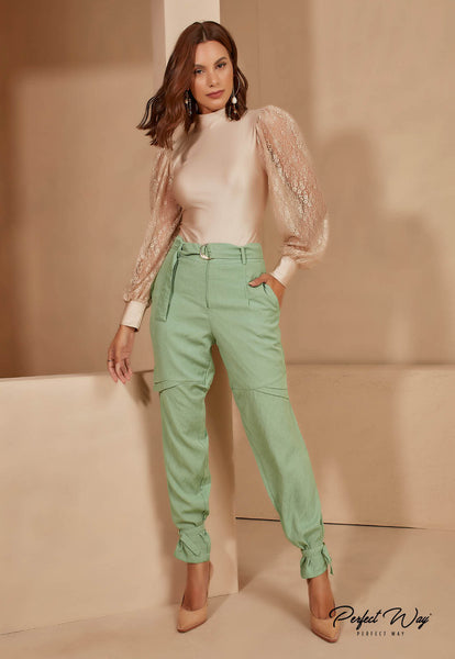 Beige Plain Bodysuit with Lace Sleeves