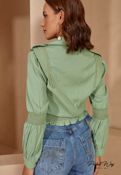 Light Green V-Neck Button Shirt
