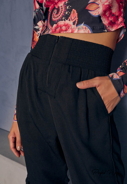 Black Straight-Cut Tailored Pants with Details