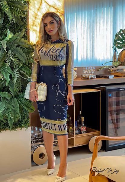 Blue & Yellow Print Midi Dress