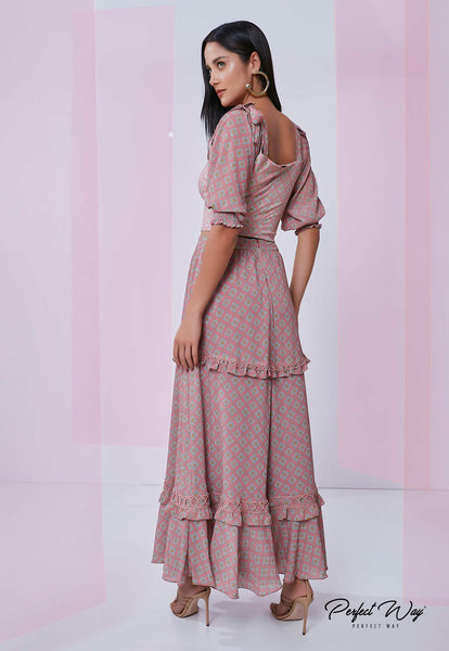 Rose & Blue Cropped Top & Midi Skirt Set