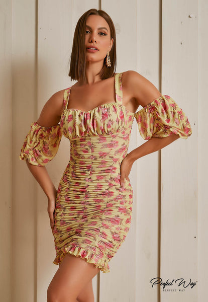 Yellow & Pink Floral Short Dress