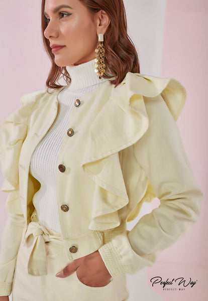 Yellow Cropped Twill Jacket with Buttons