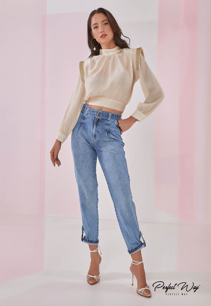 Beige Blouse with Shoulder Pads & Heat Detail