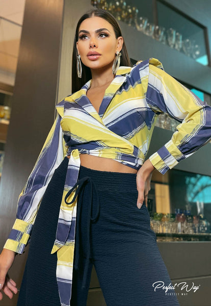 Green & Blue Print Wrap Cropped Top