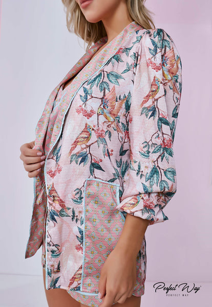 Pink Print Tank Top, Blazer & Shorts Set