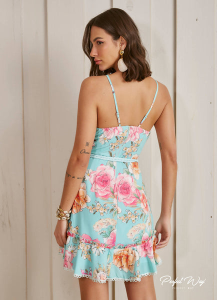 Green & Pink Loose Floral Print Dress with Belt
