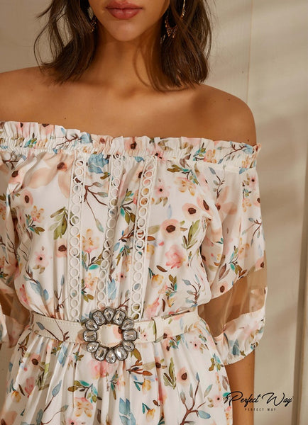 Off-White & Blue Loose Floral Print Dress with Belt