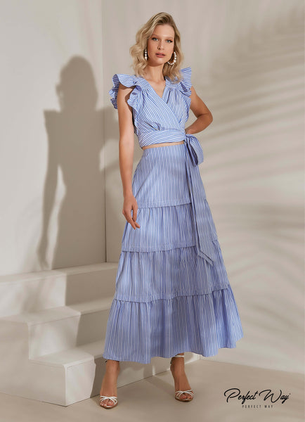 Blue & Off-White Striped Cropped Top & Long Skirt Set