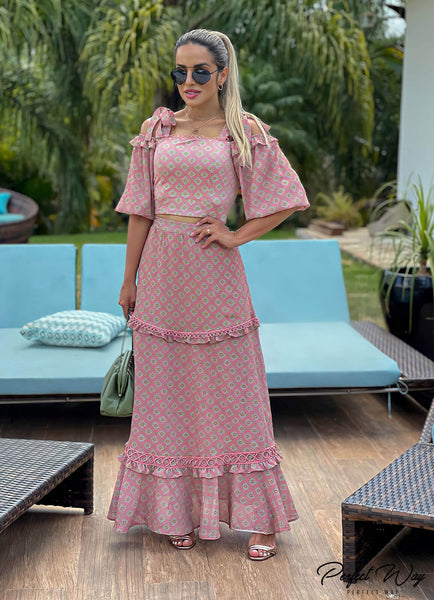 Rose & Blue Cropped Top & Midi Skirt Set