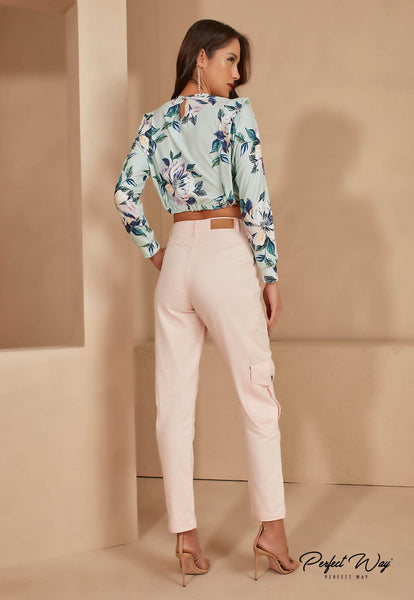 Green & Blue Cropped Sweatshirt Blouse with Adjuster