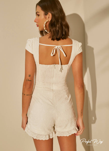 Off-White Eyelet Jumpsuit with Lace Trim