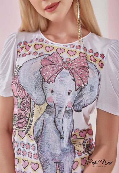 White Printed T-Shirt with Gathered Sleeves