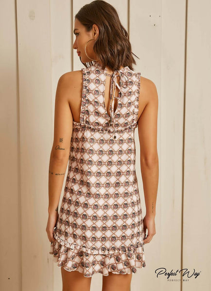 Off-White & Brown Print Short Dress with Belt