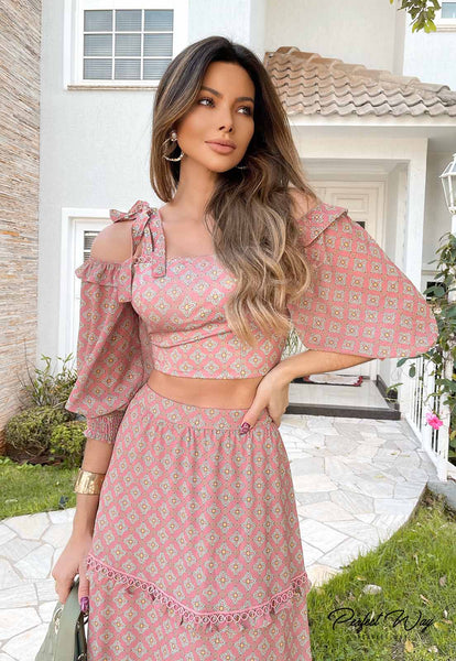 Rose & Blue Cropped Top & Midi Skirt Set