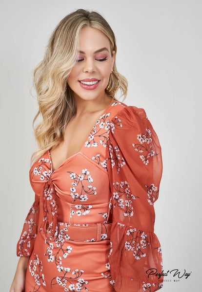Burnt Orange Fitted Dress with Belt