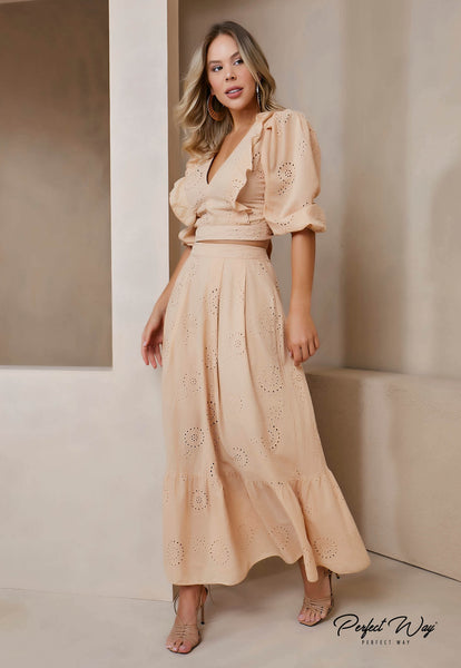 Beige Cropped Top & Midi Skirt Set