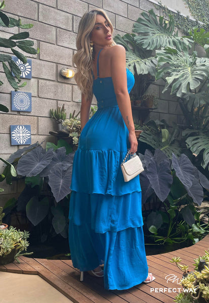 Blue Wrap Dress with Ruffles