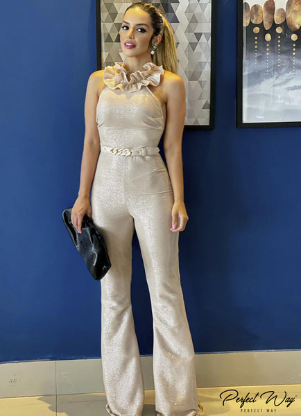Nude Flare Jumpsuit with Belt